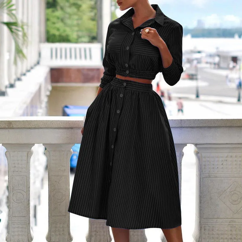 Long Sleeves Stripe Button Collared Crop Shirt and Midi Skirt