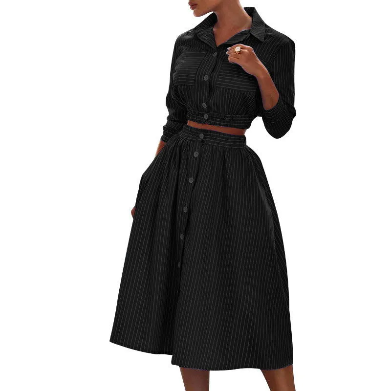 Long Sleeves Stripe Button Collared Crop Shirt and Midi Skirt