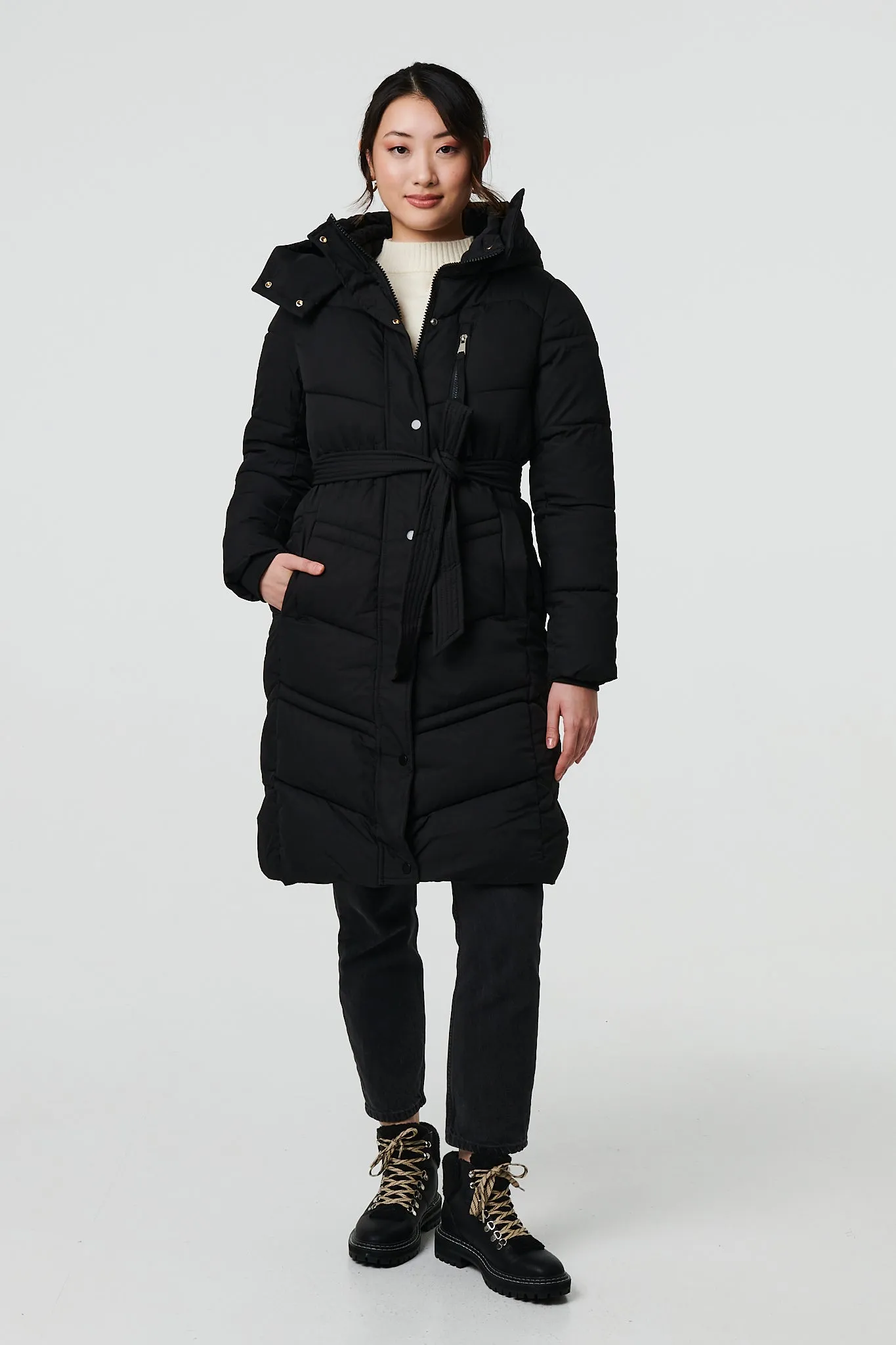 Longline Padded Tie Waist Hooded Coat