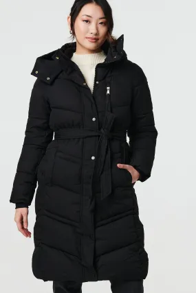 Longline Padded Tie Waist Hooded Coat