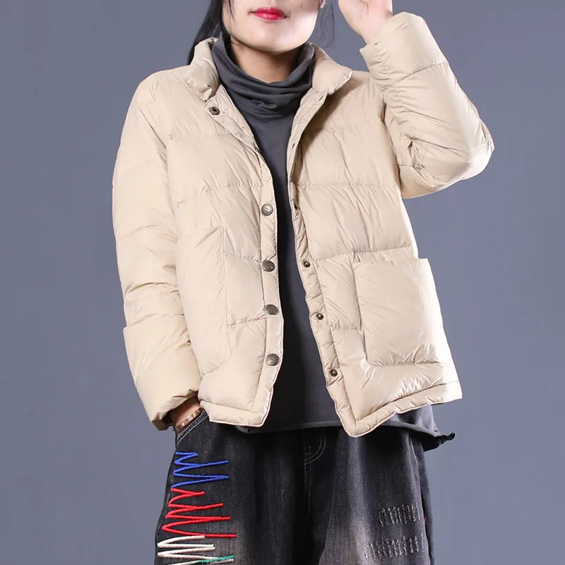 Loose large size literary single row dark buckle collar collar short down jacket