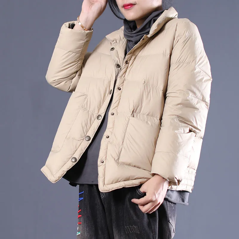 Loose large size literary single row dark buckle collar collar short down jacket