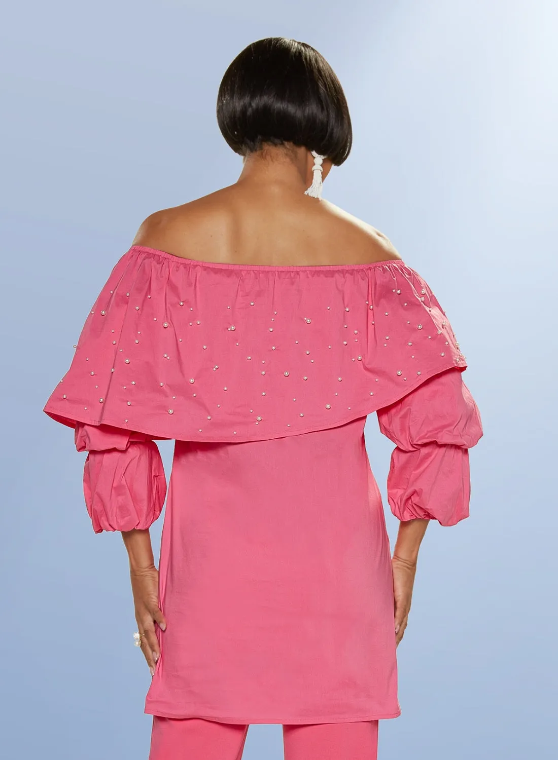 Love the Queen 17376T Off-shoulder Pearl Embellished Tunic Top