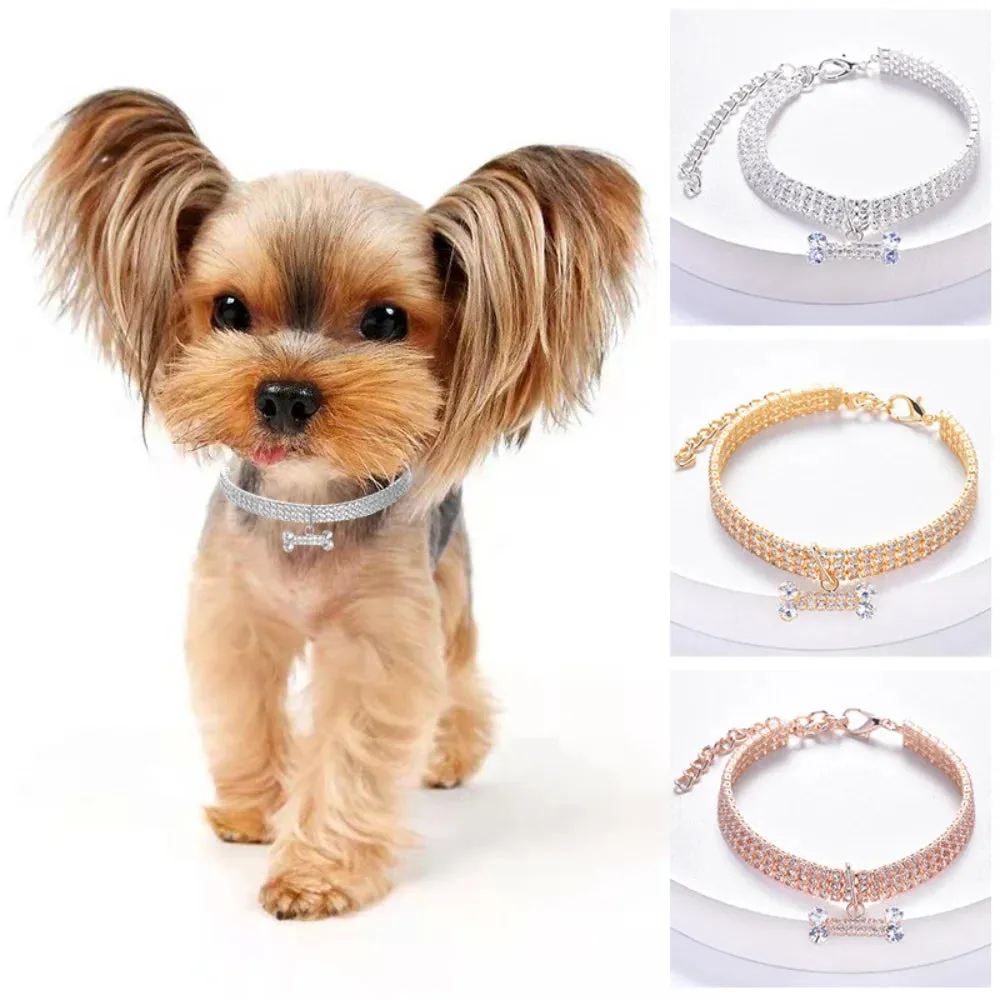 Luxury Dog Necklace – Adjustable Rhinestone Cat Collar with Bone Pendant, Premium Copper Pet Jewelry