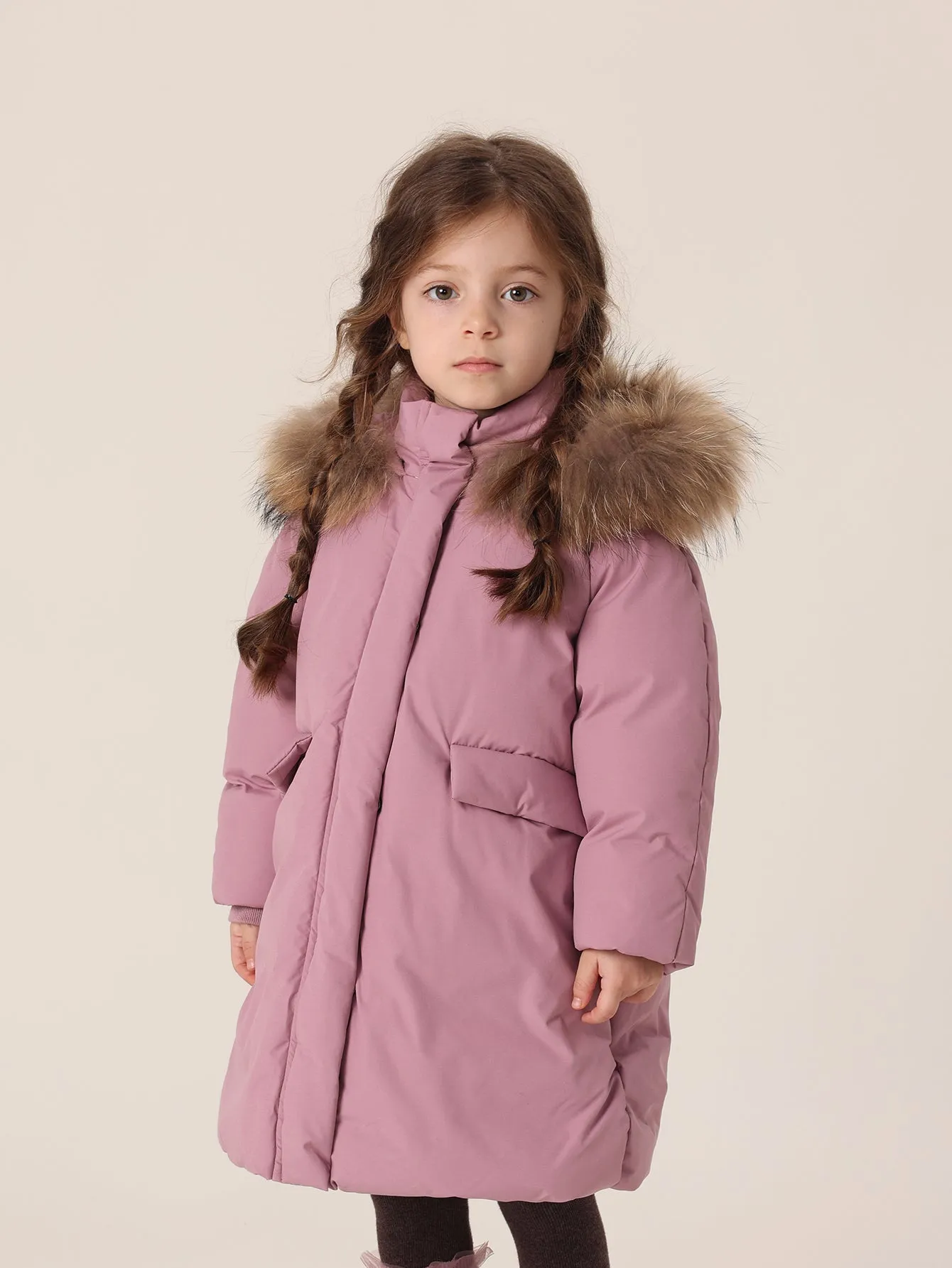 MARC & JANIE Girls Ultralight Hooded Down Mid-Length Coat with Raccoon Fur Collar 213605