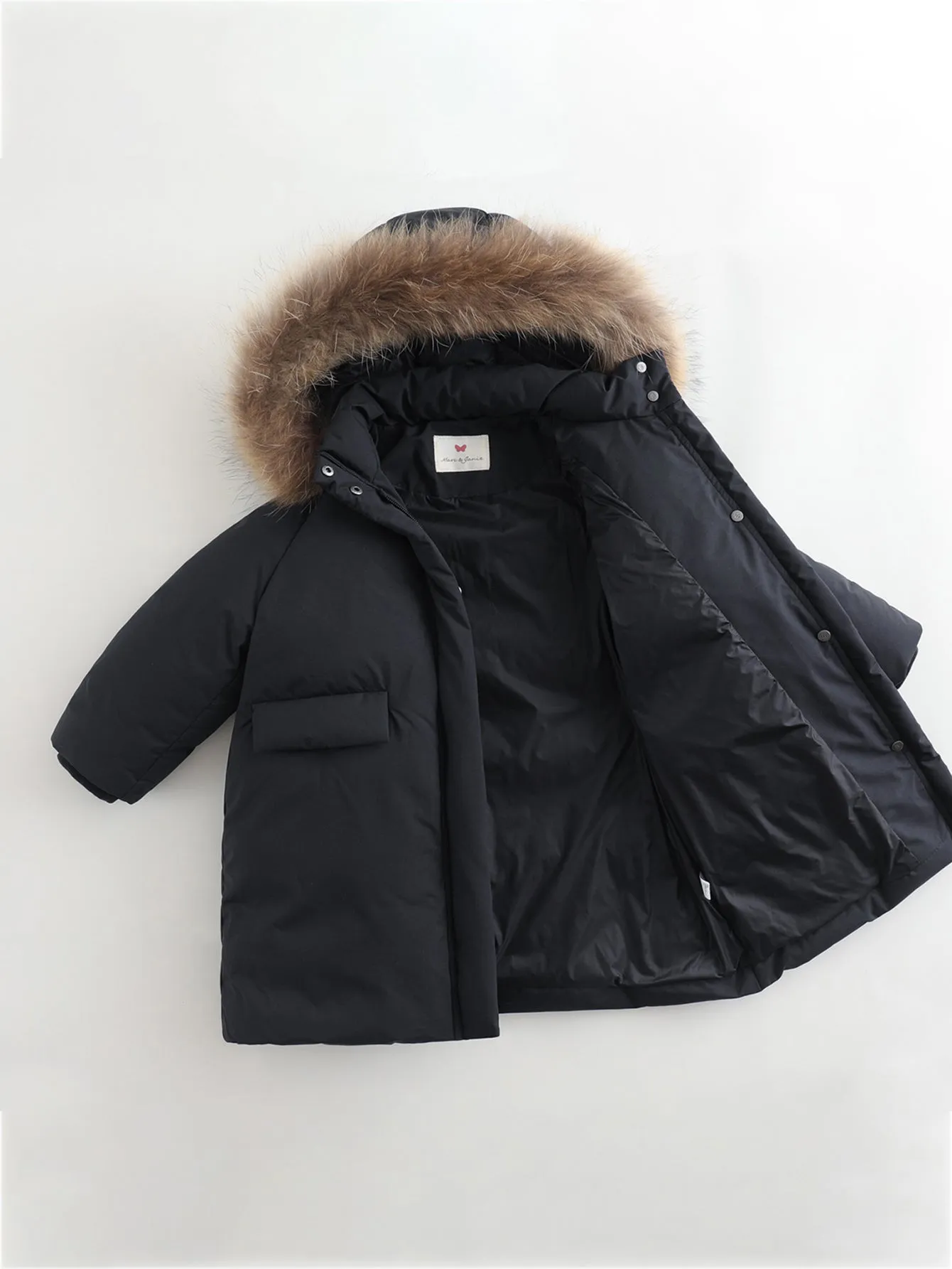 MARC & JANIE Girls Ultralight Hooded Down Mid-Length Coat with Raccoon Fur Collar 213605