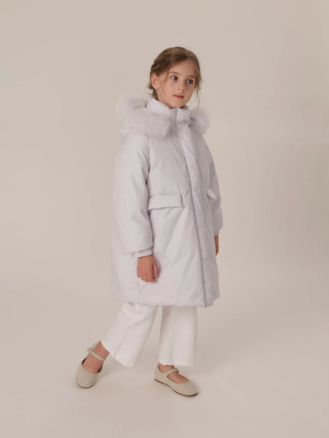 MARC & JANIE Girls Ultralight Hooded Down Mid-Length Coat with Raccoon Fur Collar 213605