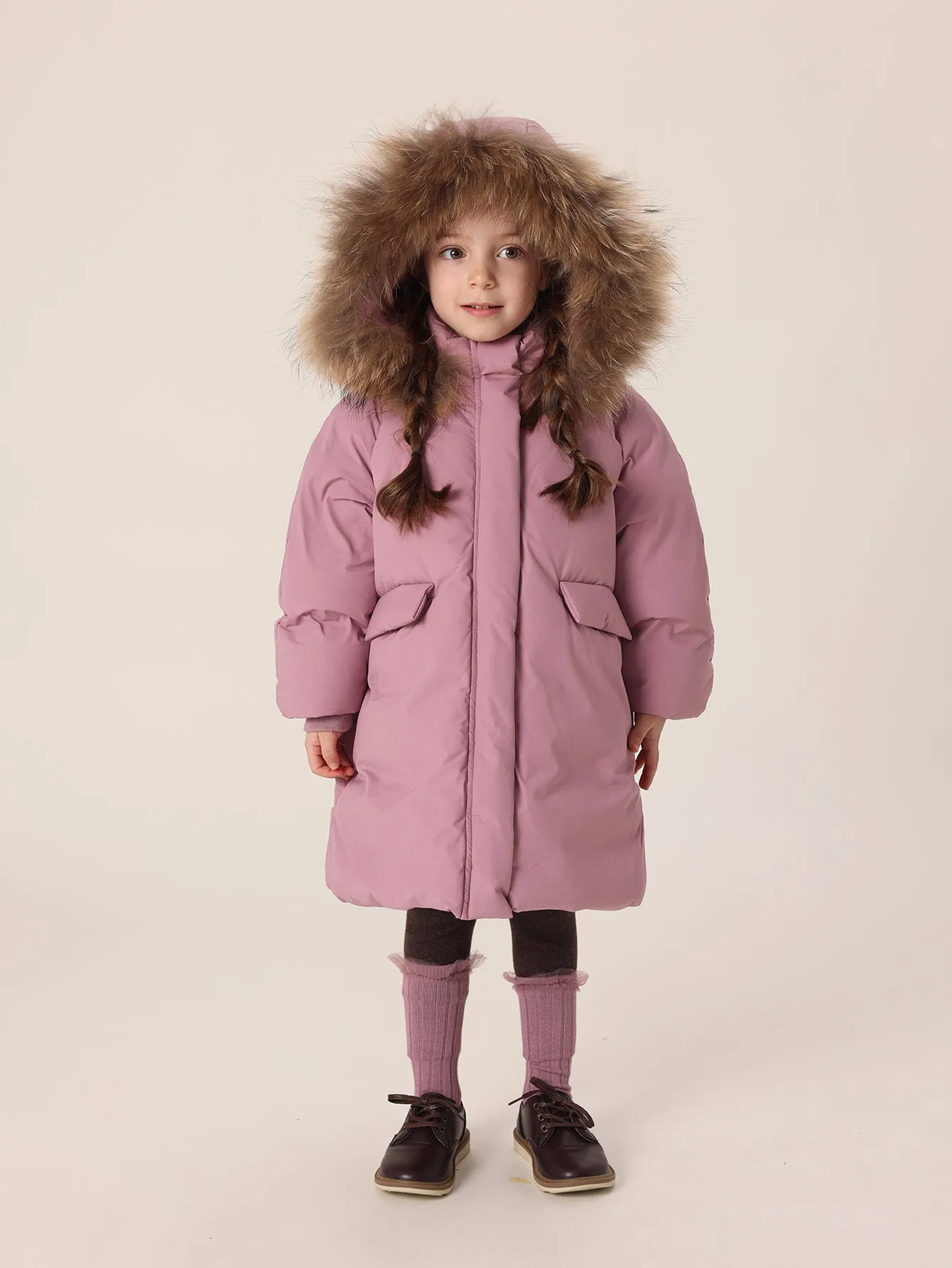 MARC & JANIE Girls Ultralight Hooded Down Mid-Length Coat with Raccoon Fur Collar 213605