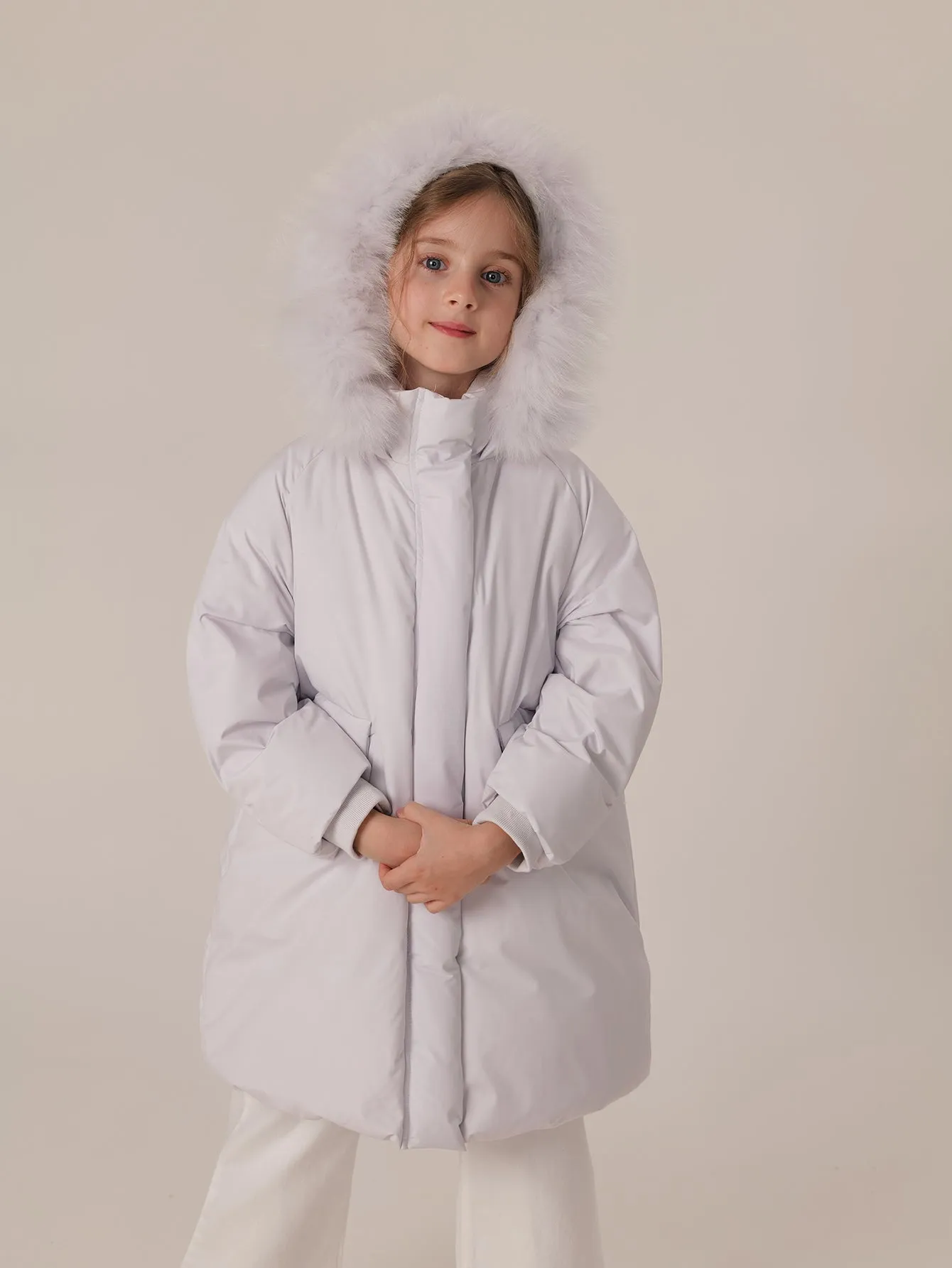 MARC & JANIE Girls Ultralight Hooded Down Mid-Length Coat with Raccoon Fur Collar 213605