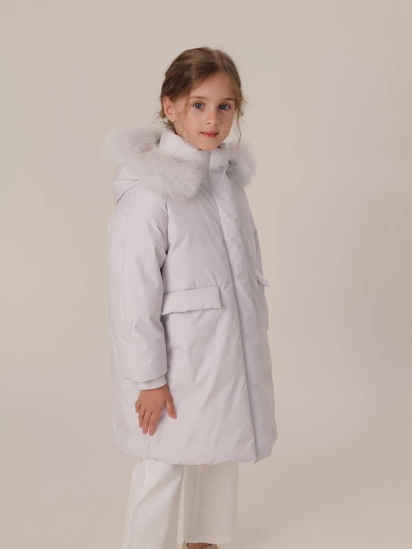 MARC & JANIE Girls Ultralight Hooded Down Mid-Length Coat with Raccoon Fur Collar 213605