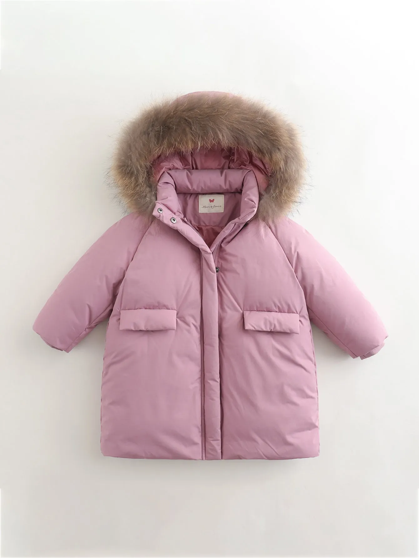 MARC & JANIE Girls Ultralight Hooded Down Mid-Length Coat with Raccoon Fur Collar 213605