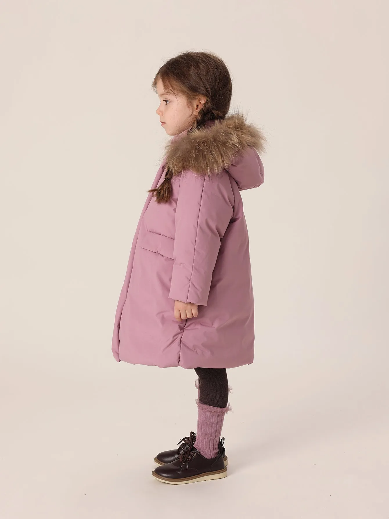 MARC & JANIE Girls Ultralight Hooded Down Mid-Length Coat with Raccoon Fur Collar 213605