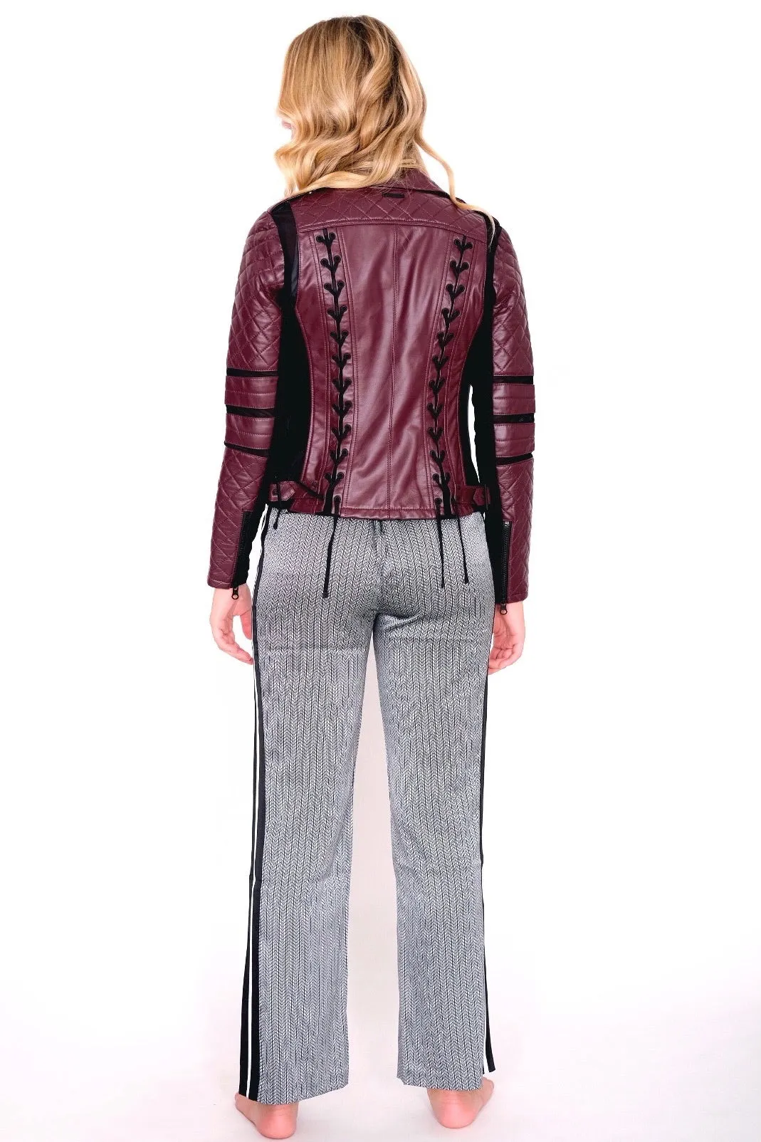 Maroon Quilted Faux Leather Moto Jacket