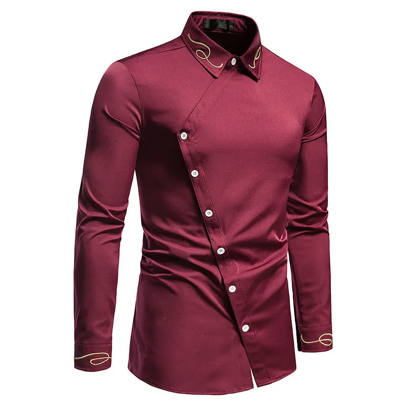 Men Embroidery Turnover Collar Asymmetry Long Sleeves Shirt