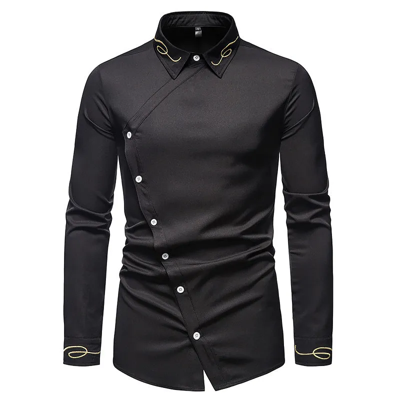 Men Embroidery Turnover Collar Asymmetry Long Sleeves Shirt