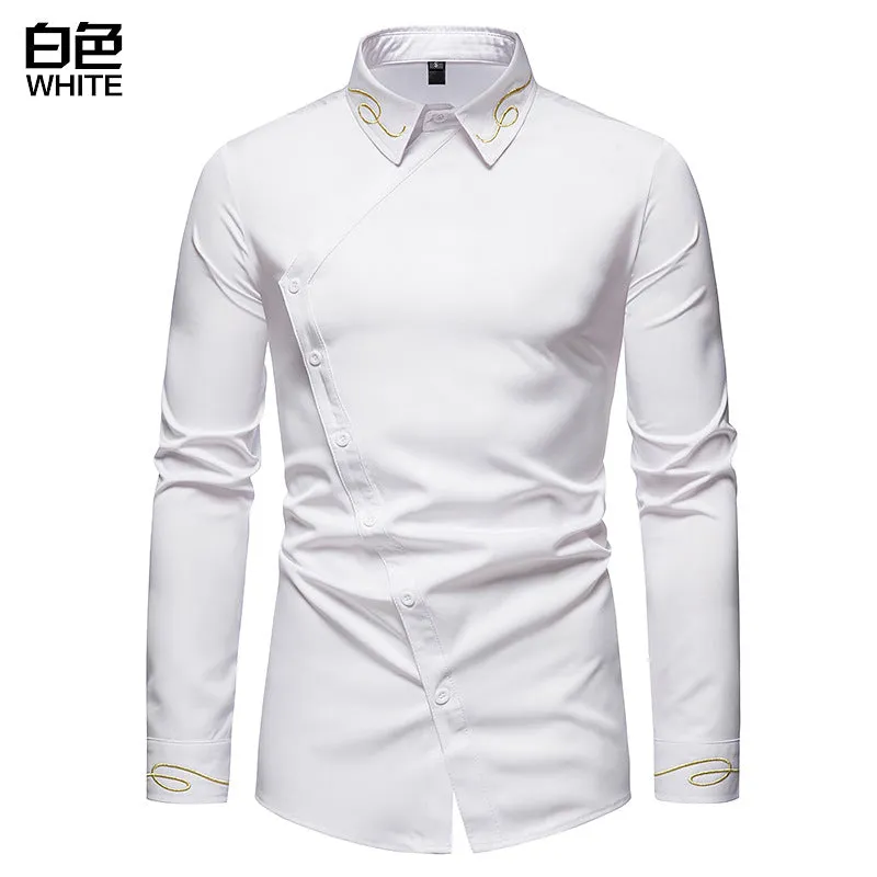 Men Embroidery Turnover Collar Asymmetry Long Sleeves Shirt