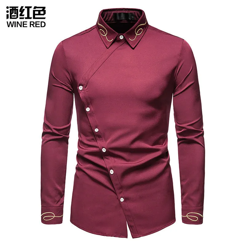 Men Embroidery Turnover Collar Asymmetry Long Sleeves Shirt