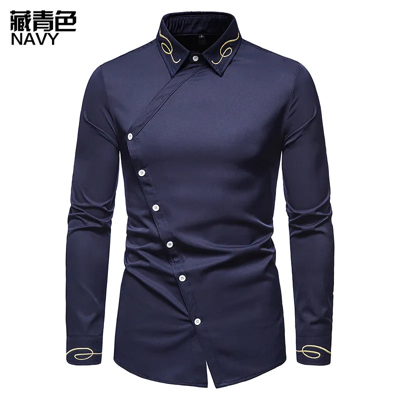 Men Embroidery Turnover Collar Asymmetry Long Sleeves Shirt