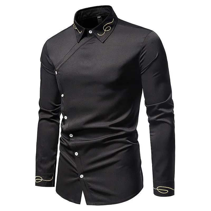 Men Embroidery Turnover Collar Asymmetry Long Sleeves Shirt