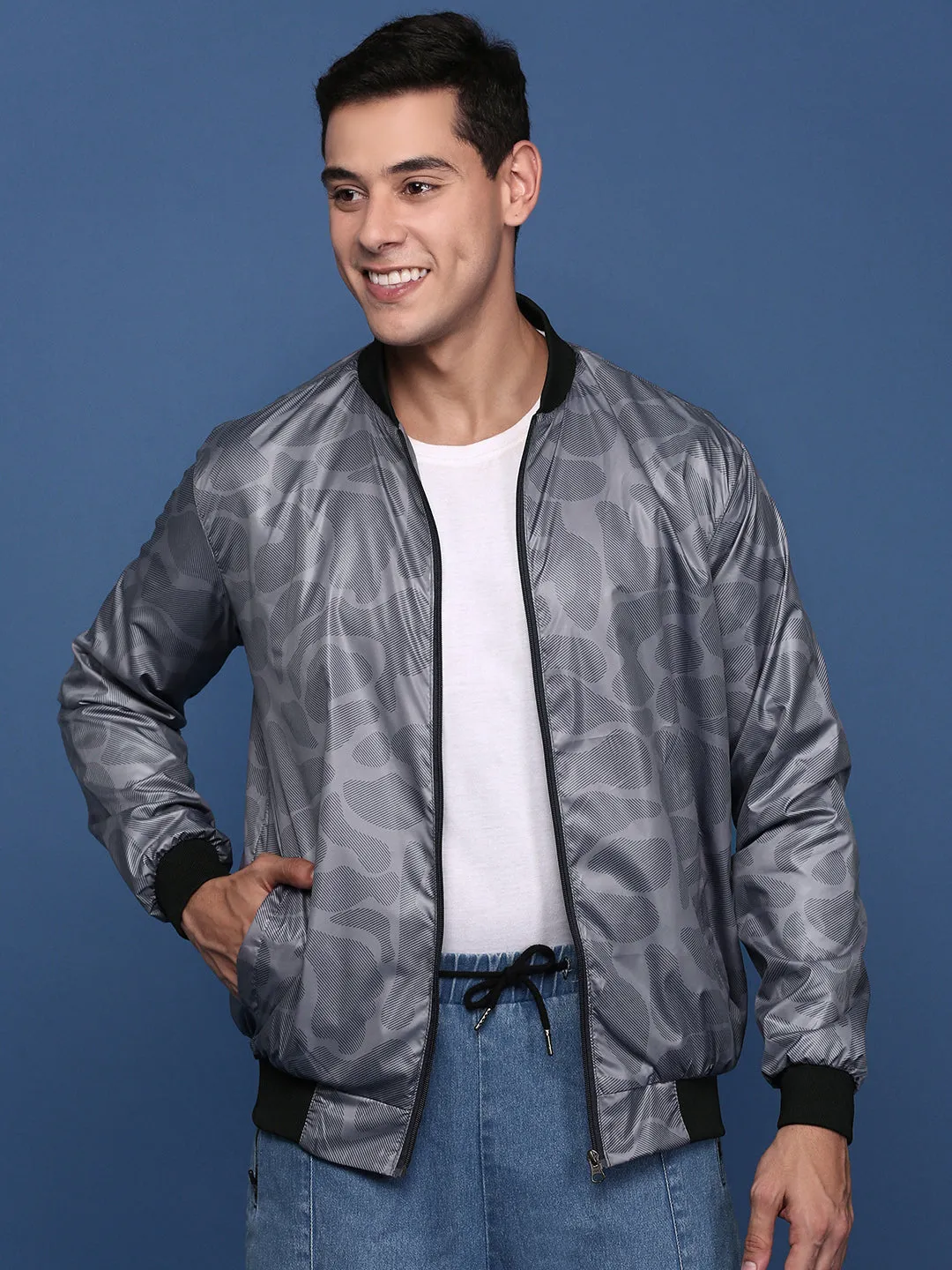 Men Printed Grey Bomber Jacket