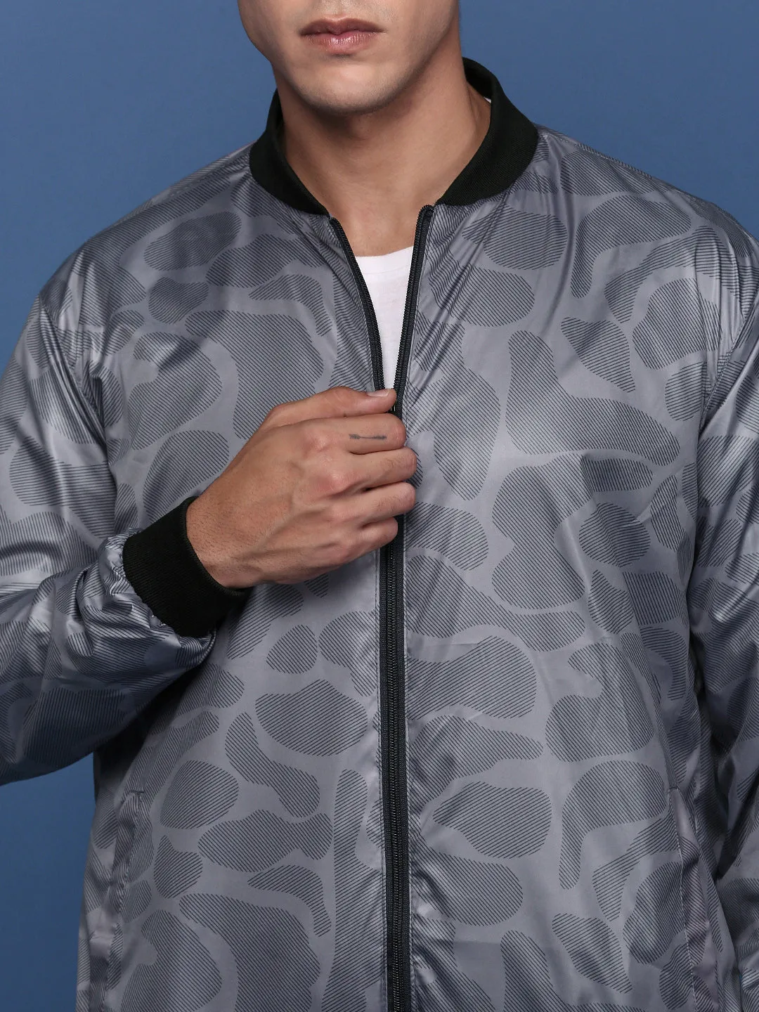 Men Printed Grey Bomber Jacket