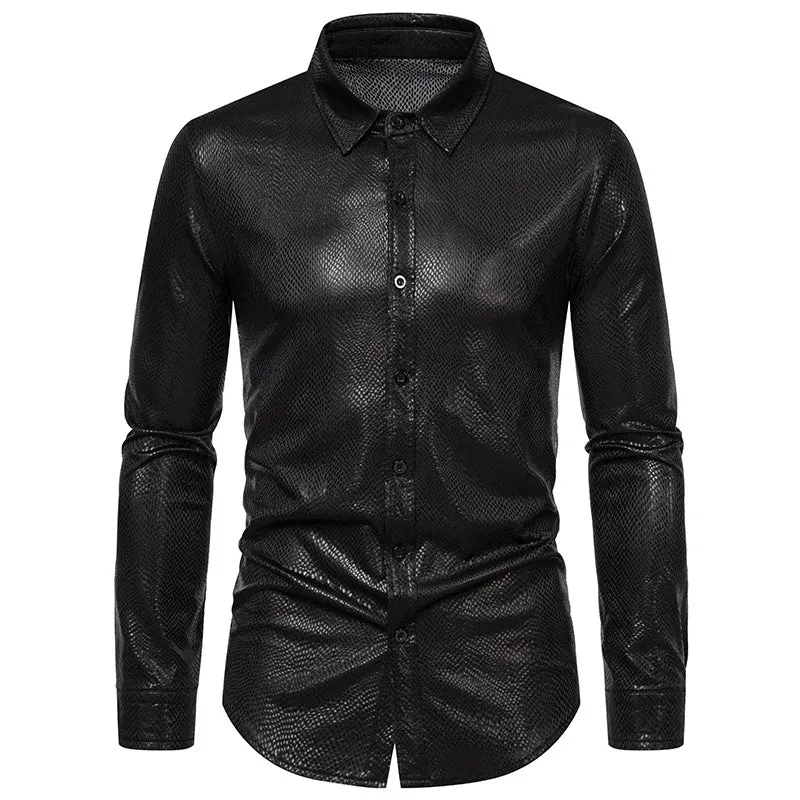 Men Snakes Patterns Glossy Turnover Collar Long Sleeves Shirt