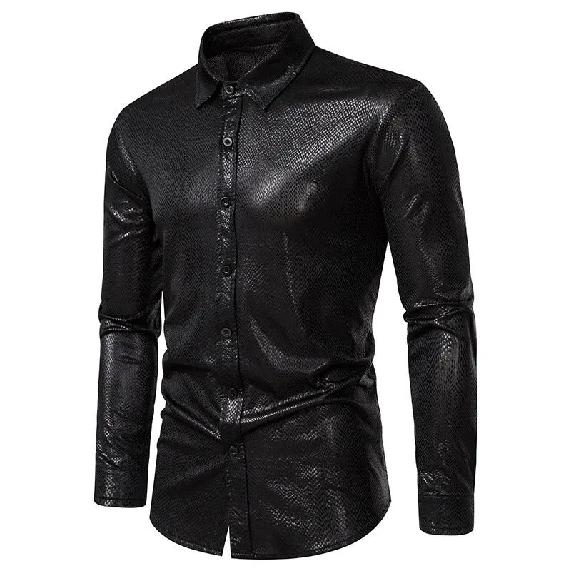 Men Snakes Patterns Glossy Turnover Collar Long Sleeves Shirt