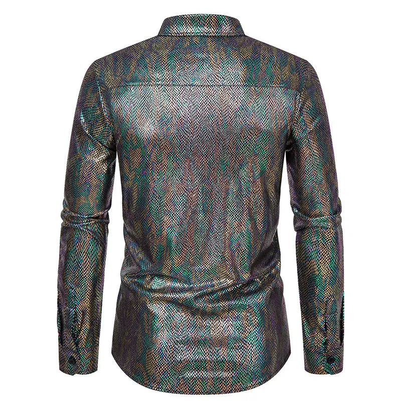 Men Snakes Patterns Glossy Turnover Collar Long Sleeves Shirt