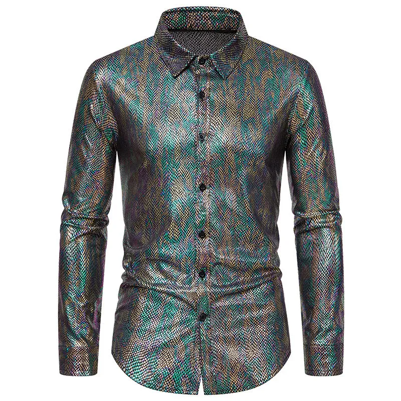 Men Snakes Patterns Glossy Turnover Collar Long Sleeves Shirt