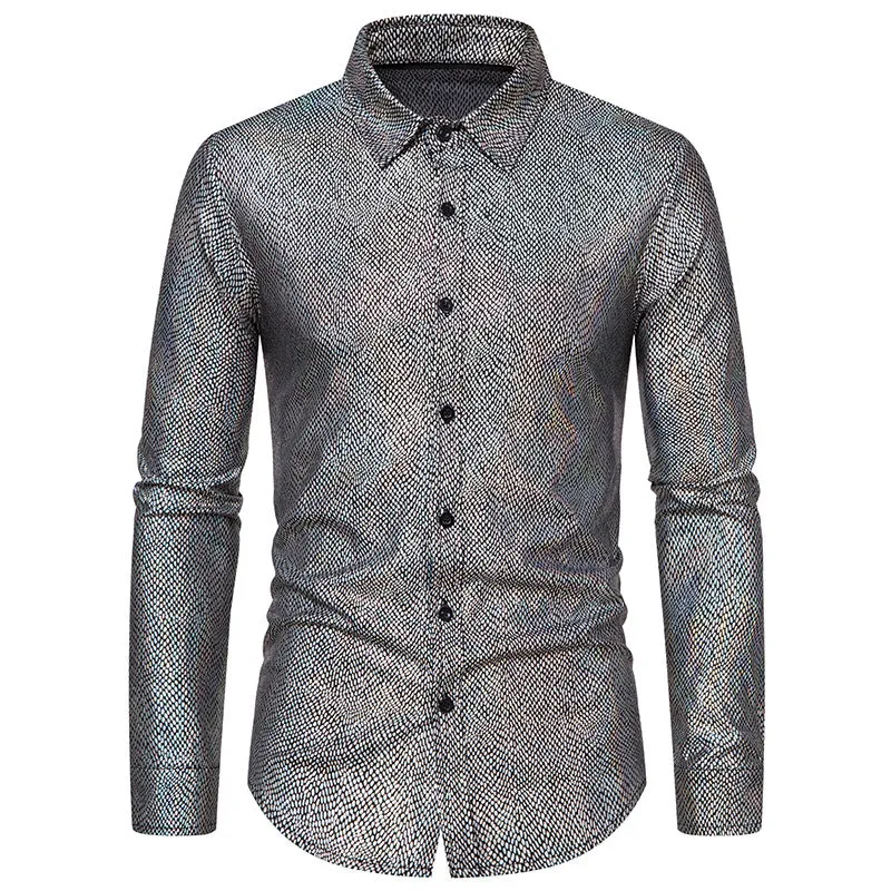 Men Snakes Patterns Glossy Turnover Collar Long Sleeves Shirt