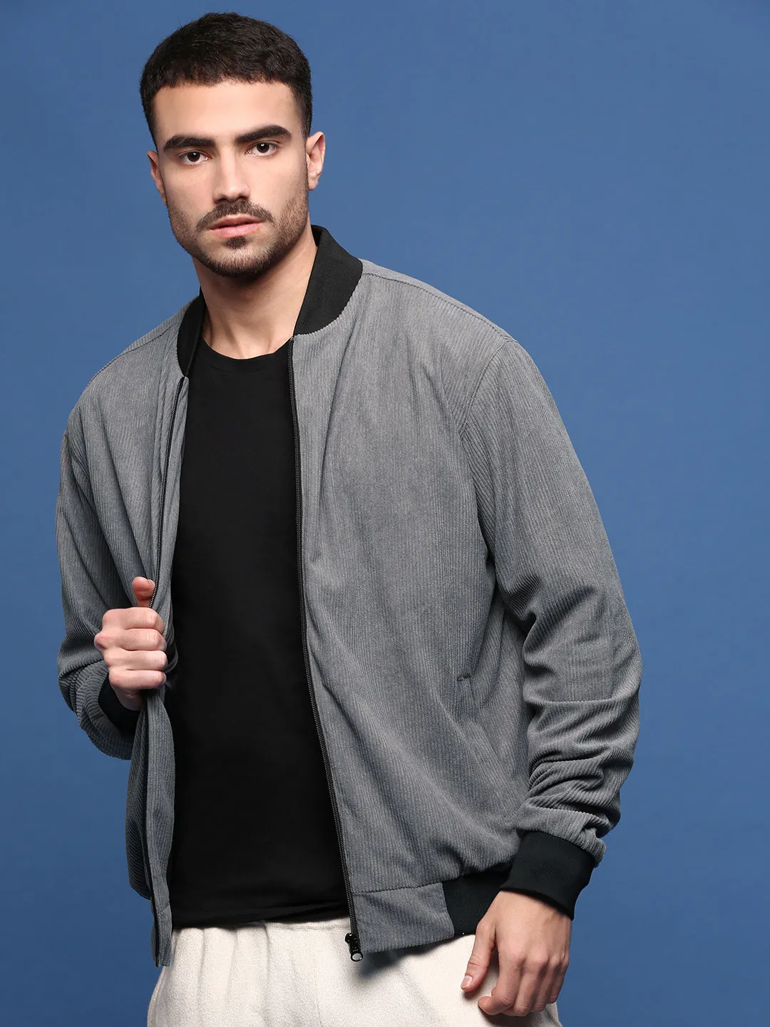 Men Solid Grey Bomber Jacket