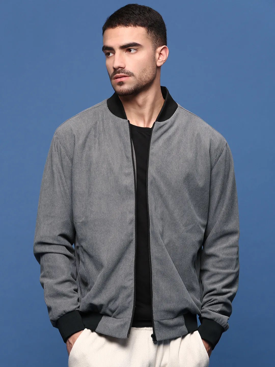 Men Solid Grey Bomber Jacket