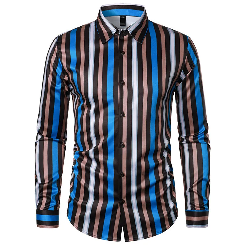 Men Turnover Collar Bicolor Stripes Long Sleeves Shirt