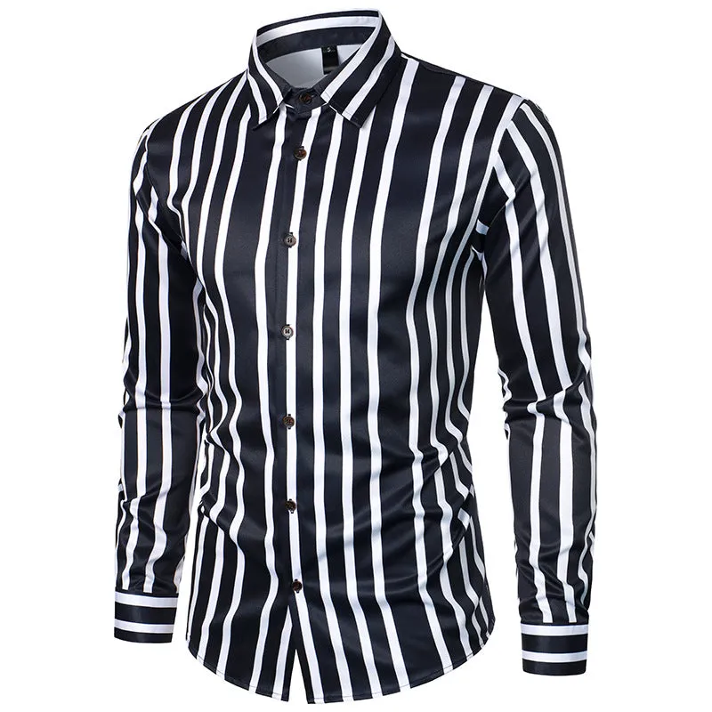 Men Turnover Collar Bicolor Stripes Long Sleeves Shirt