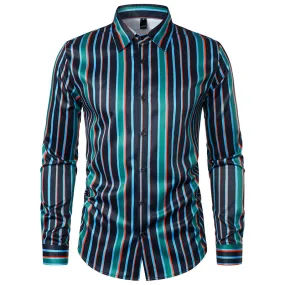 Men Turnover Collar Bicolor Stripes Long Sleeves Shirt