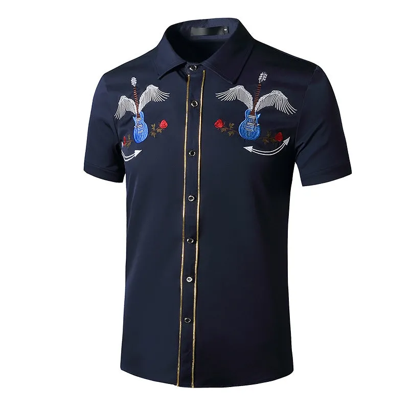 Men Turnover Collar Embroidery Wings Cowboy Short Sleeves Shirt