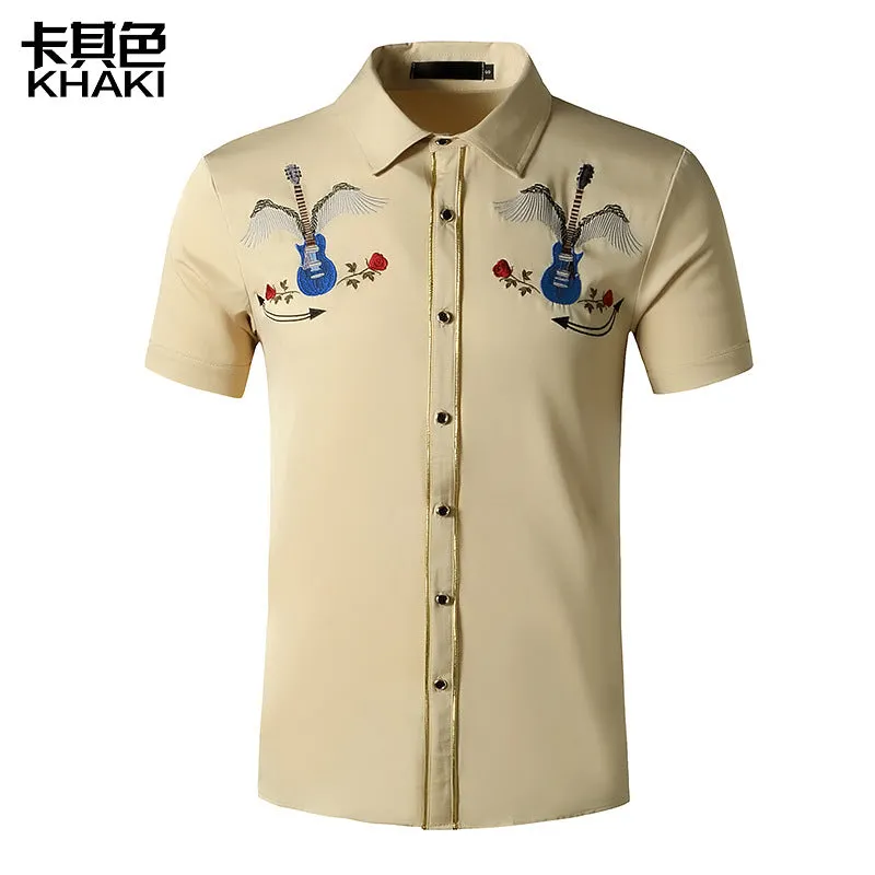 Men Turnover Collar Embroidery Wings Cowboy Short Sleeves Shirt