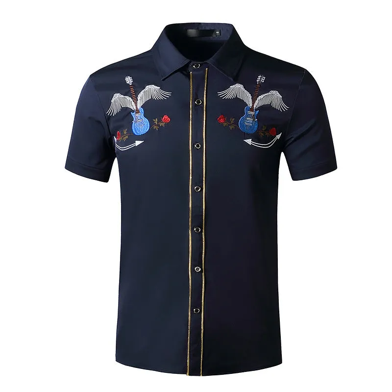 Men Turnover Collar Embroidery Wings Cowboy Short Sleeves Shirt