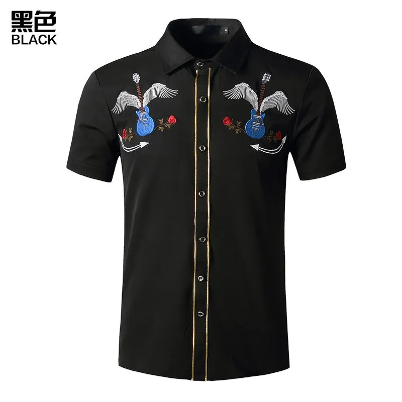 Men Turnover Collar Embroidery Wings Cowboy Short Sleeves Shirt