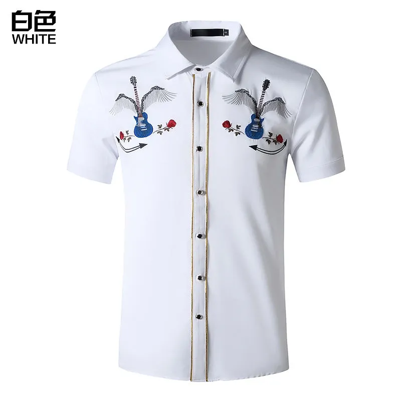 Men Turnover Collar Embroidery Wings Cowboy Short Sleeves Shirt