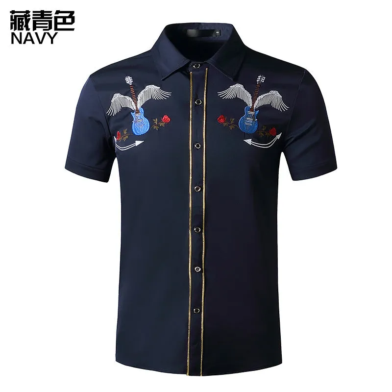 Men Turnover Collar Embroidery Wings Cowboy Short Sleeves Shirt