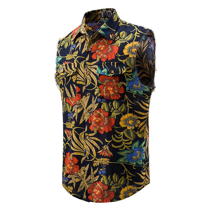 Men Turnover Collar Floral Fabric Sleeveless Shirt