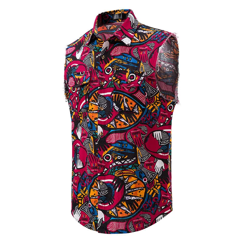 Men Turnover Collar Floral Fabric Sleeveless Shirt