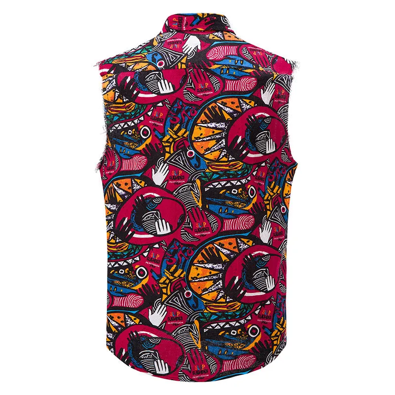 Men Turnover Collar Floral Fabric Sleeveless Shirt