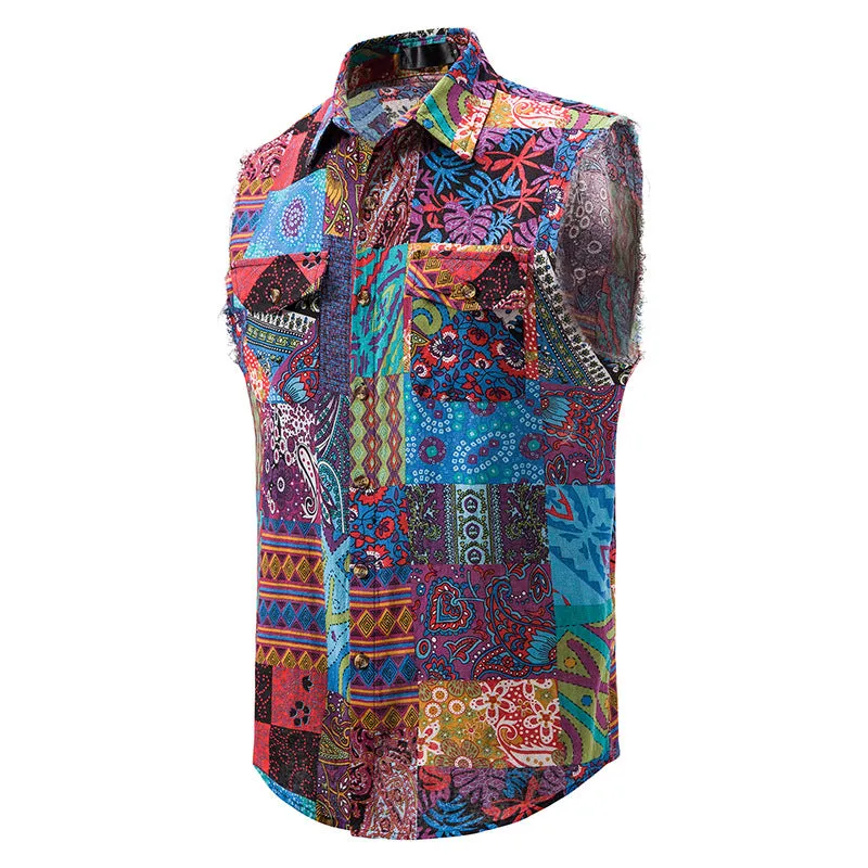 Men Turnover Collar Floral Fabric Sleeveless Shirt