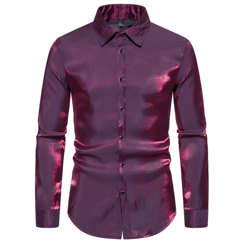 Men Turnover Collar Glossy Long Sleeves Shirt