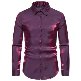 Men Turnover Collar Glossy Long Sleeves Shirt