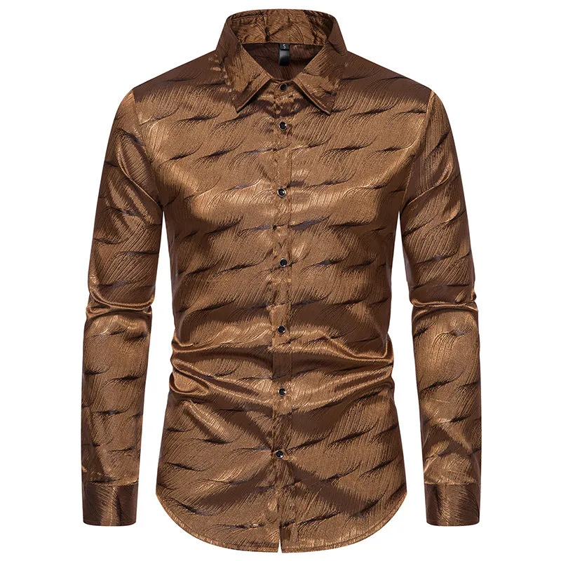 Men Turnover Collar Glossy Long Sleeves Shirt