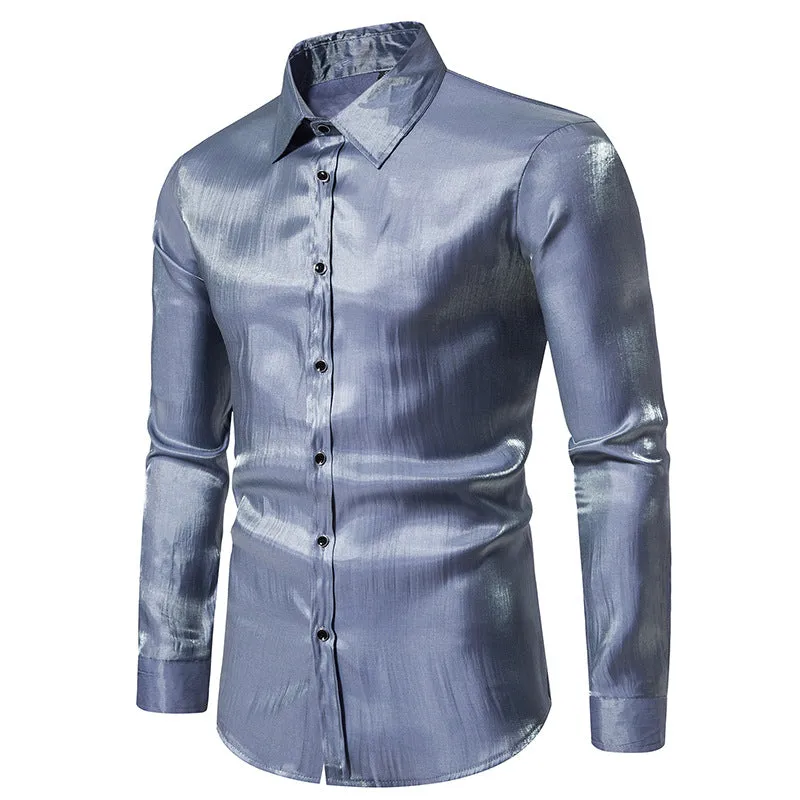 Men Turnover Collar Glossy Long Sleeves Shirt