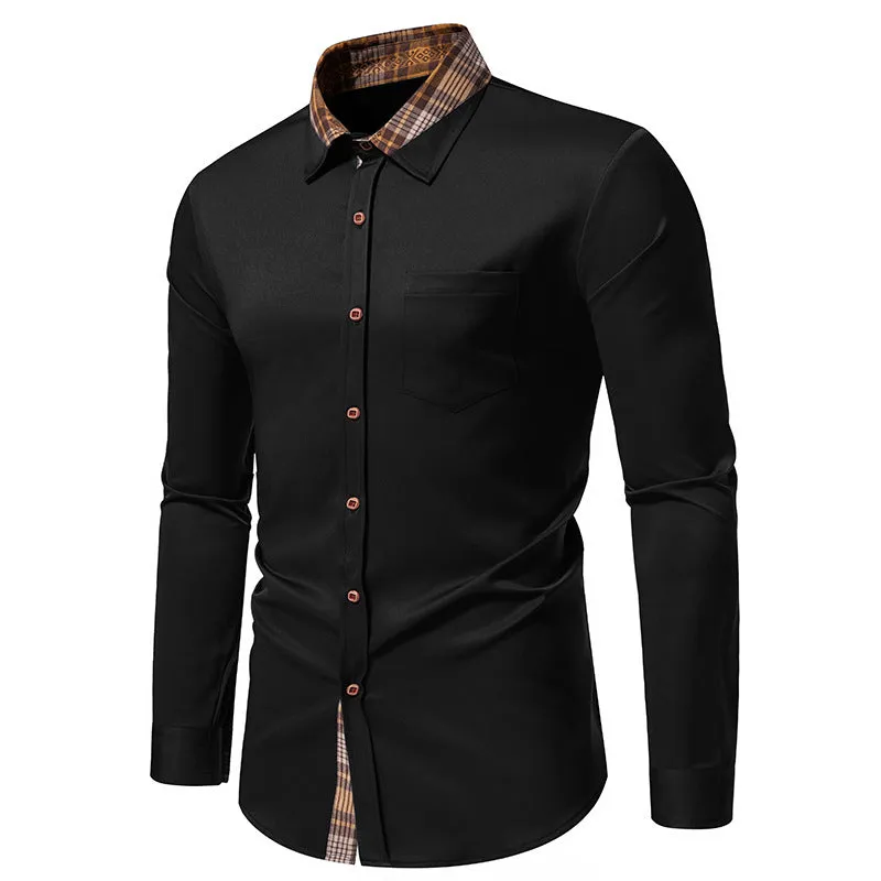 Men Turnover Collar Lattice Bicolor Long Sleeves Shirt